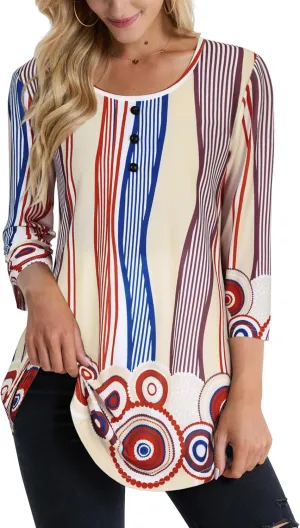 BAISHENGGT Women's 3/4 Sleeve Tunic Tops Floral Print Casual Flare Swing Blouse Buttons Up T Shirts