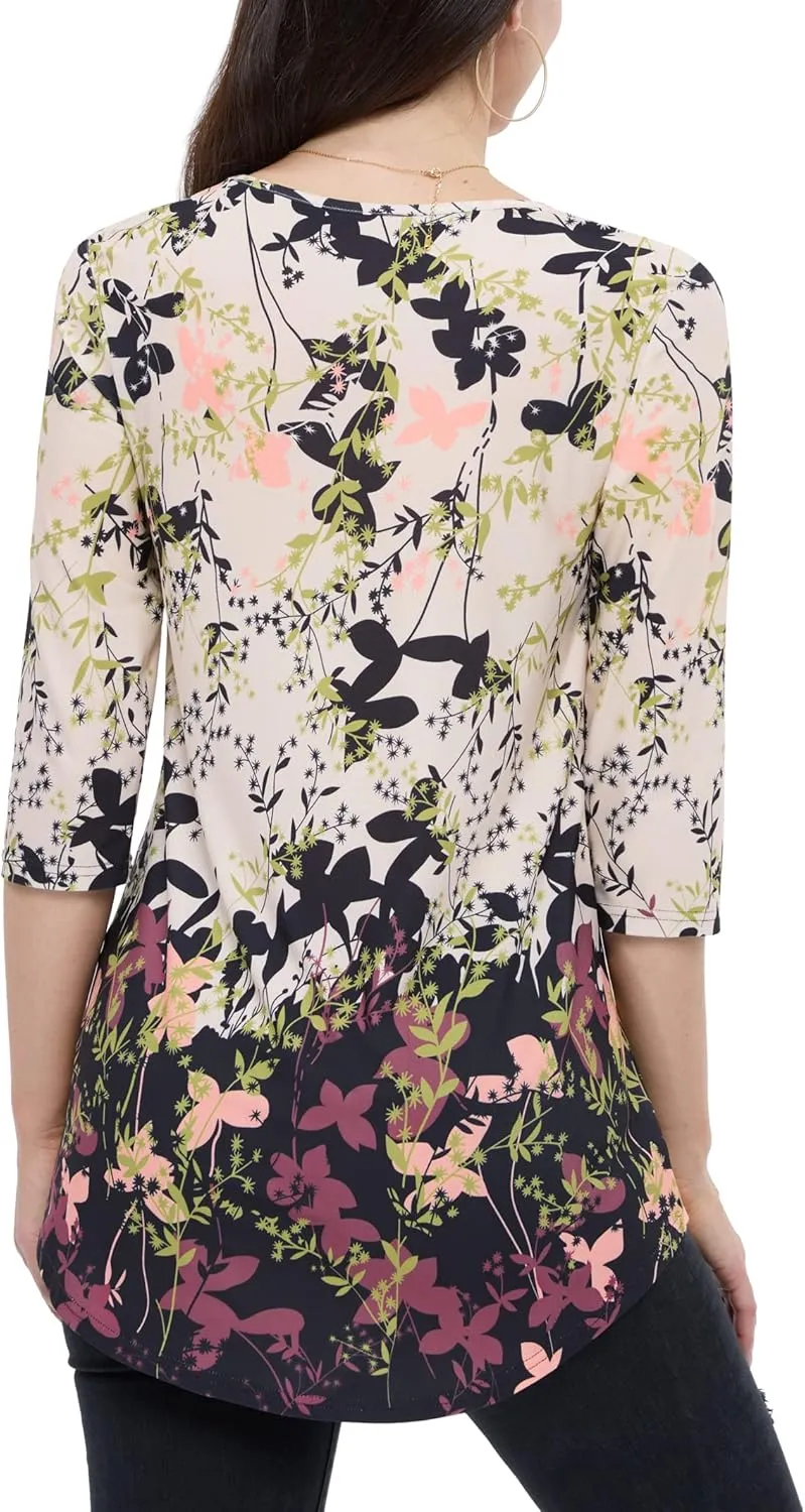 BAISHENGGT Women's 3/4 Sleeve Tunic Tops Floral Print Casual Flare Swing Blouse Buttons Up T Shirts