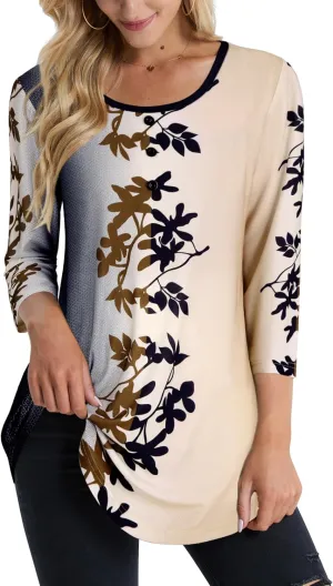 BAISHENGGT Women's 3/4 Sleeve Tunic Tops Floral Print Casual Flare Swing Blouse Buttons Up T Shirts