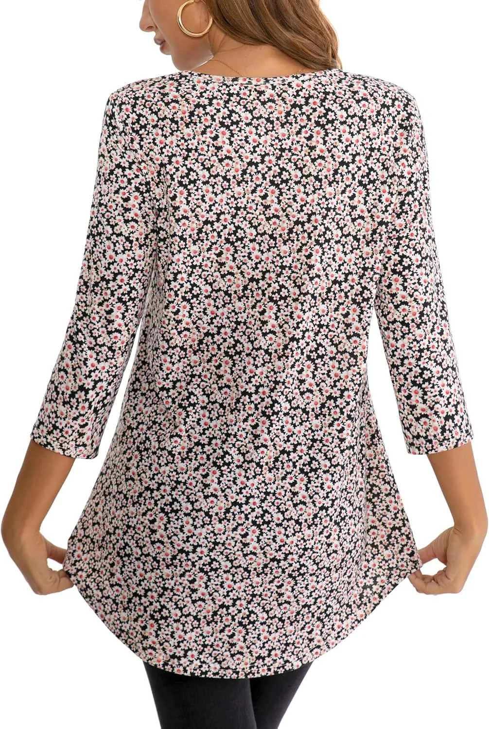 BAISHENGGT Women's 3/4 Sleeve Tunic Tops Floral Print Casual Flare Swing Blouse Buttons Up T Shirts