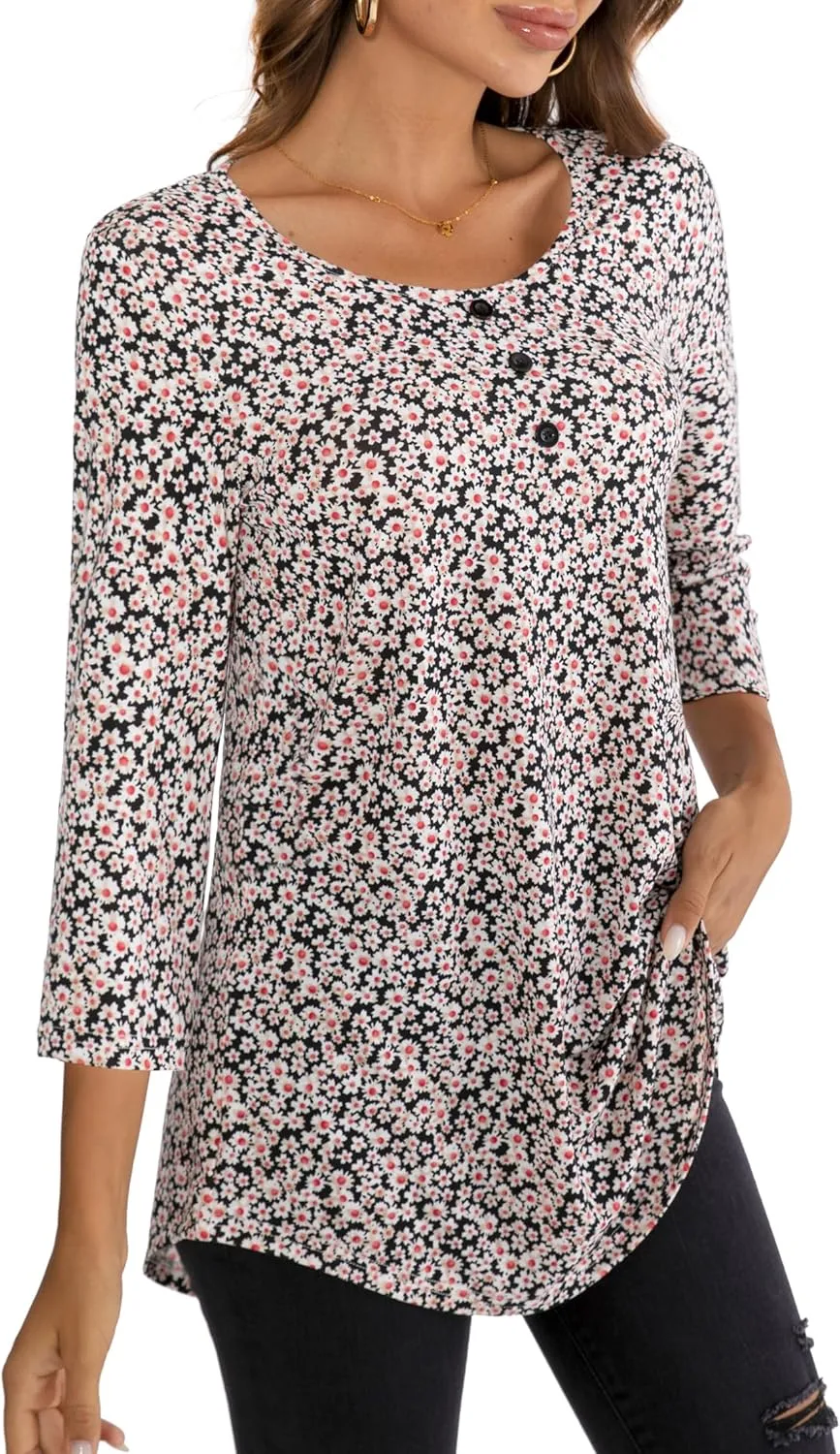 BAISHENGGT Women's 3/4 Sleeve Tunic Tops Floral Print Casual Flare Swing Blouse Buttons Up T Shirts