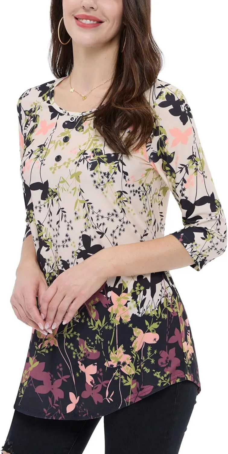 BAISHENGGT Women's 3/4 Sleeve Tunic Tops Floral Print Casual Flare Swing Blouse Buttons Up T Shirts