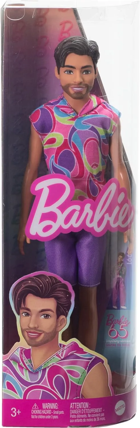 Barbie Fashionistas Ken Doll #227 with Look Inspired by The Totally Hair Look, Brunette with Short Beard & Slender Body Type, 65th Anniversary Collectible