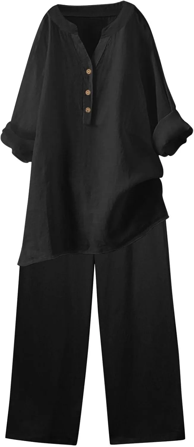 Beach Vacation Clothes for Women Summer Linen Matching 2 Piece Sets Casual Loose Oversized Drawstring Pants Outfits
