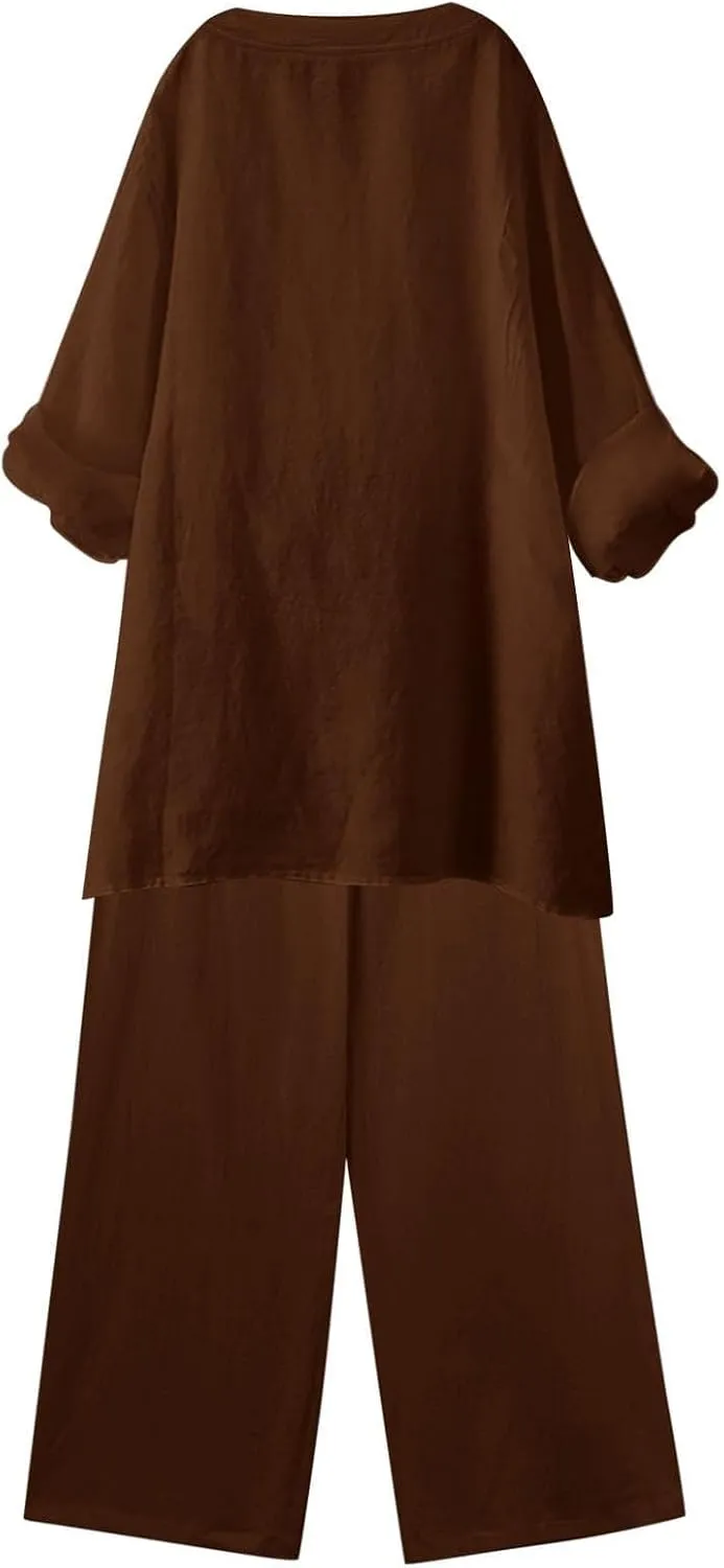 Beach Vacation Clothes for Women Summer Linen Matching 2 Piece Sets Casual Loose Oversized Drawstring Pants Outfits