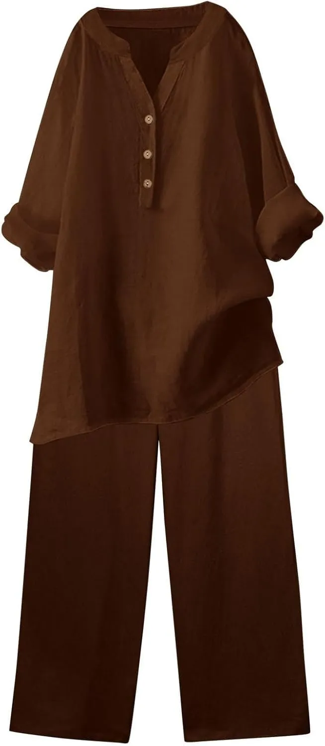 Beach Vacation Clothes for Women Summer Linen Matching 2 Piece Sets Casual Loose Oversized Drawstring Pants Outfits