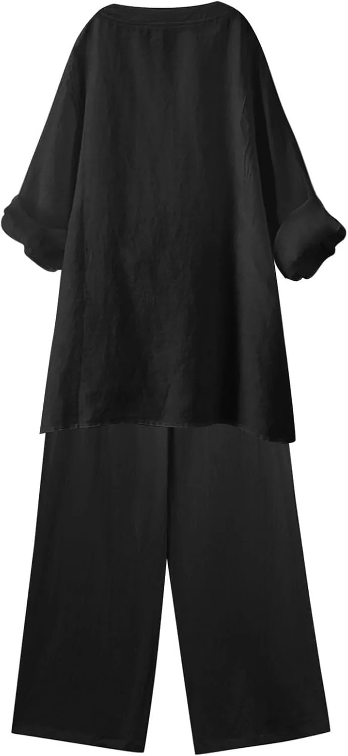 Beach Vacation Clothes for Women Summer Linen Matching 2 Piece Sets Casual Loose Oversized Drawstring Pants Outfits