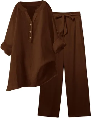 Beach Vacation Clothes for Women Summer Linen Matching 2 Piece Sets Casual Loose Oversized Drawstring Pants Outfits