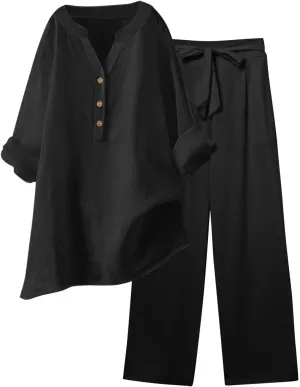 Beach Vacation Clothes for Women Summer Linen Matching 2 Piece Sets Casual Loose Oversized Drawstring Pants Outfits