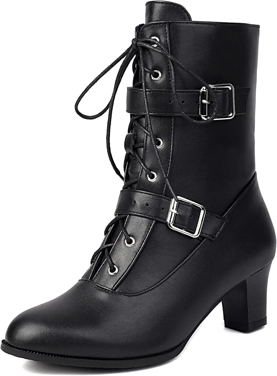 BEAUPAS Women's Combat Boots Lace-Up with Buckles Block Heel Victorian Ankle Boots