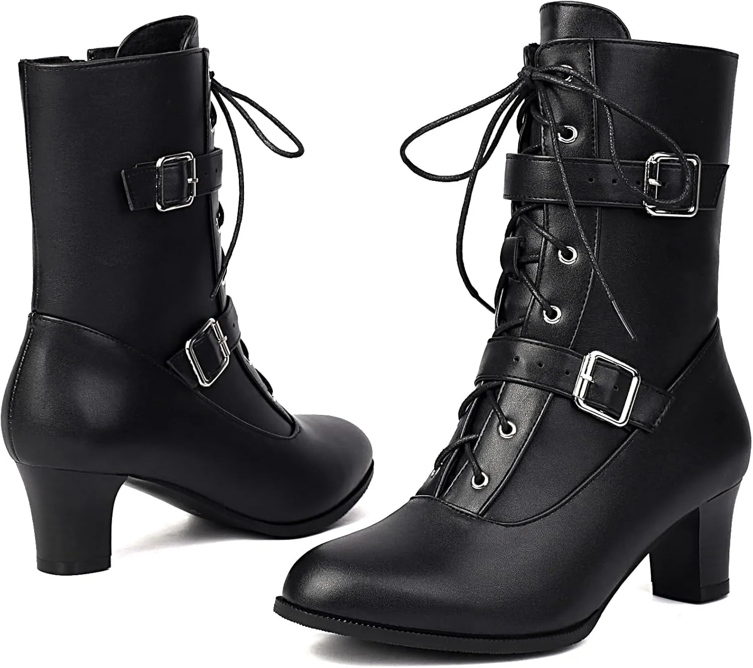 BEAUPAS Women's Combat Boots Lace-Up with Buckles Block Heel Victorian Ankle Boots