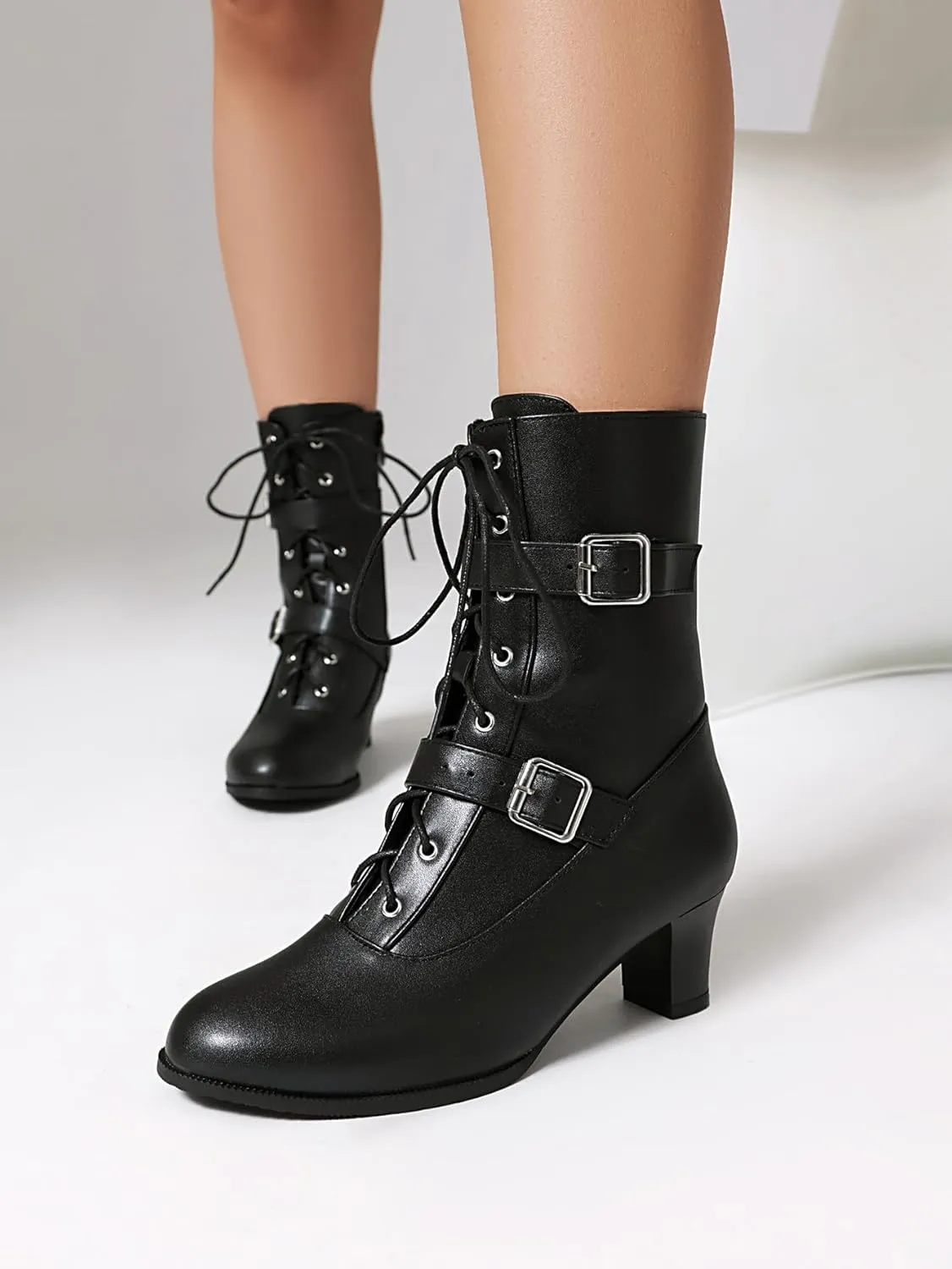 BEAUPAS Women's Combat Boots Lace-Up with Buckles Block Heel Victorian Ankle Boots