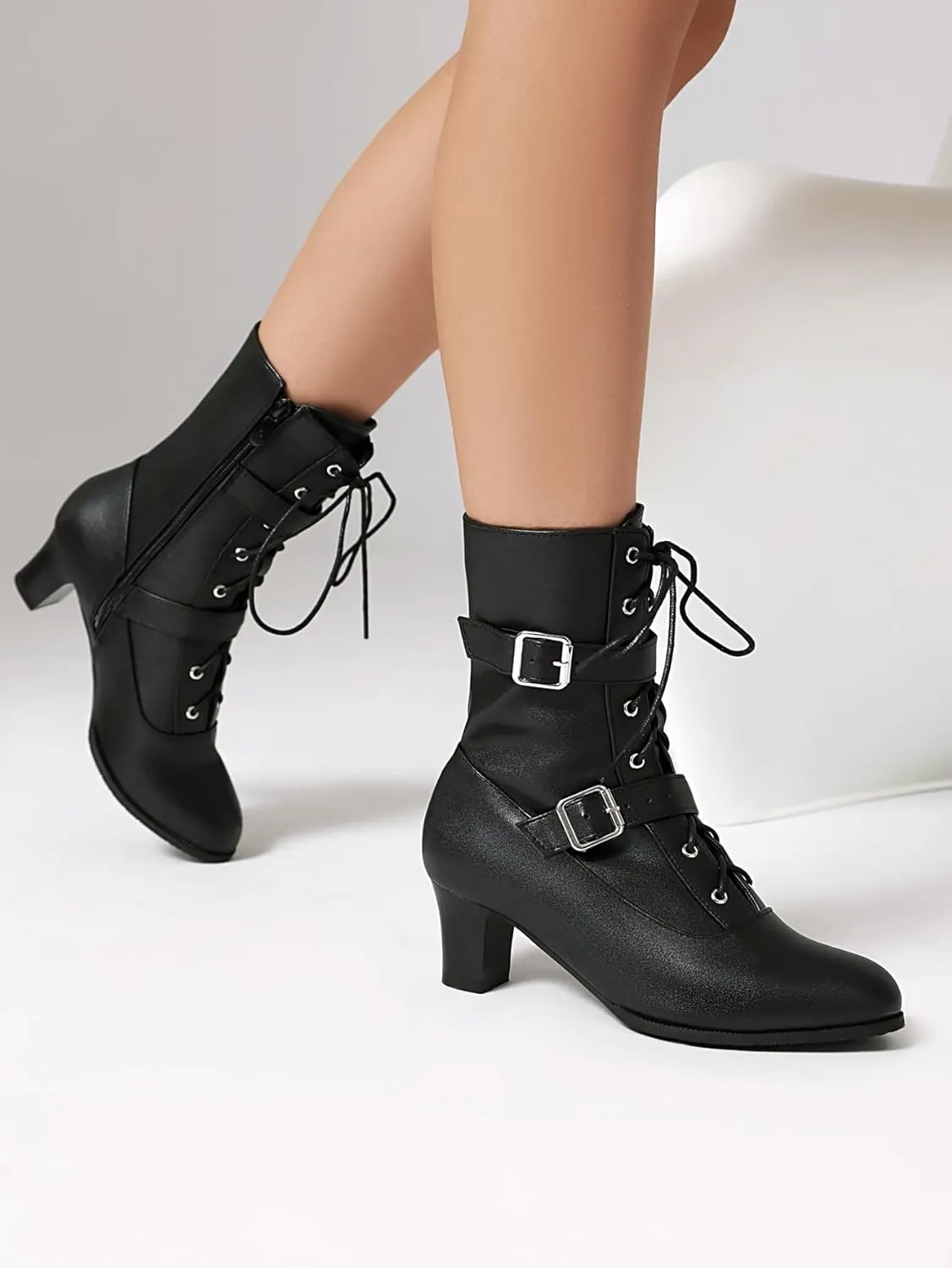 BEAUPAS Women's Combat Boots Lace-Up with Buckles Block Heel Victorian Ankle Boots