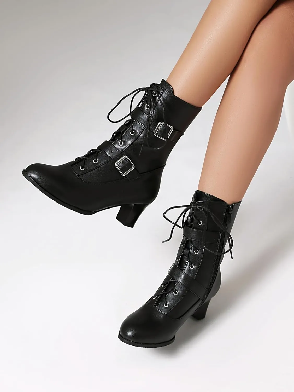 BEAUPAS Women's Combat Boots Lace-Up with Buckles Block Heel Victorian Ankle Boots