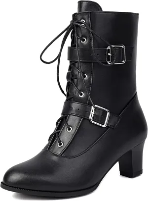 BEAUPAS Women's Combat Boots Lace-Up with Buckles Block Heel Victorian Ankle Boots