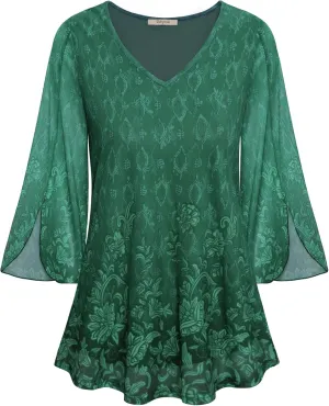 Bebonnie Womens Ruffle 3/4 Sleeve V Neck Double Layers Mesh Blouses Loose Fit Flowy Tunic Tops