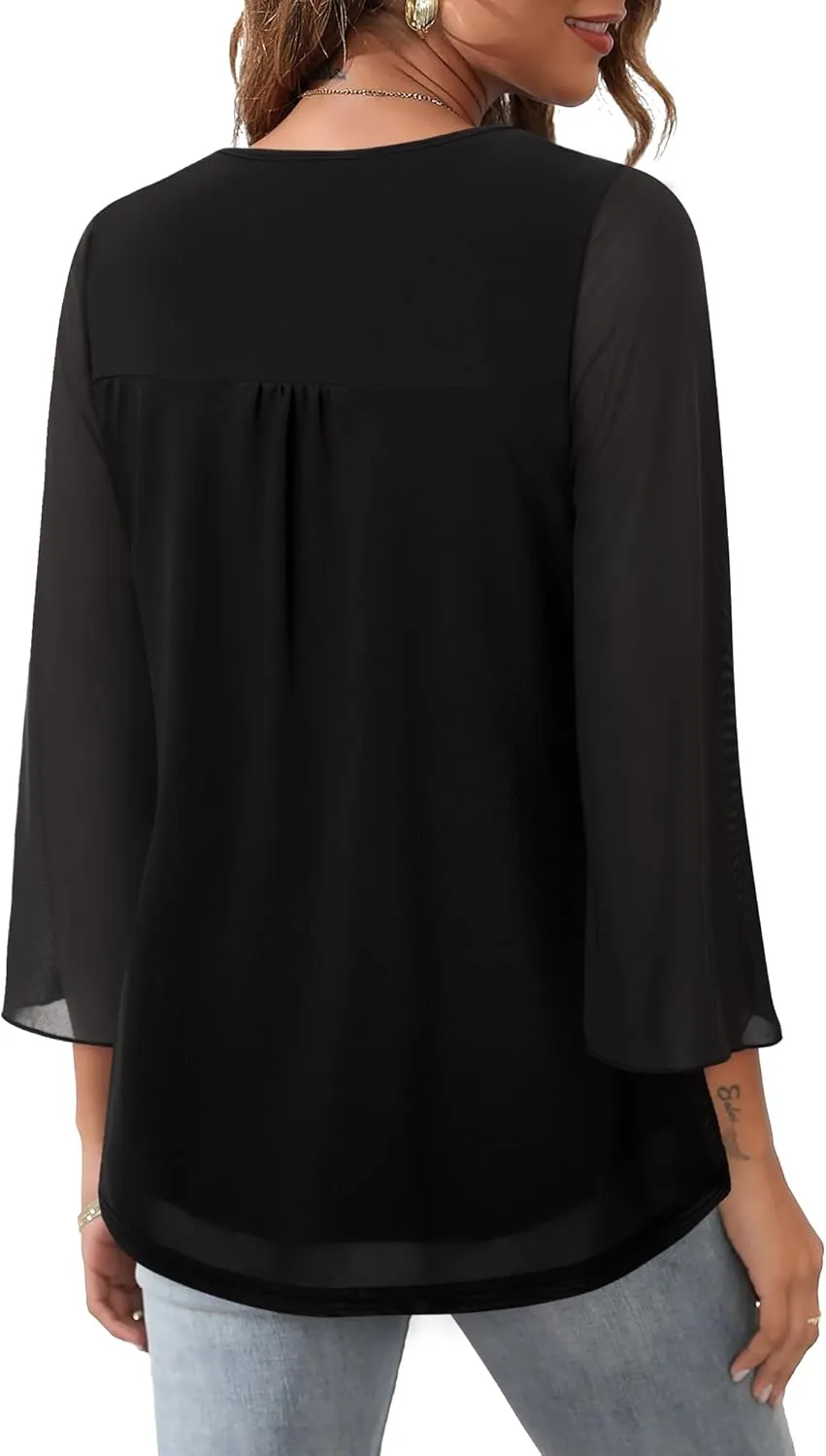 Bebonnie Womens Ruffle 3/4 Sleeve V Neck Double Layers Mesh Blouses Loose Fit Flowy Tunic Tops