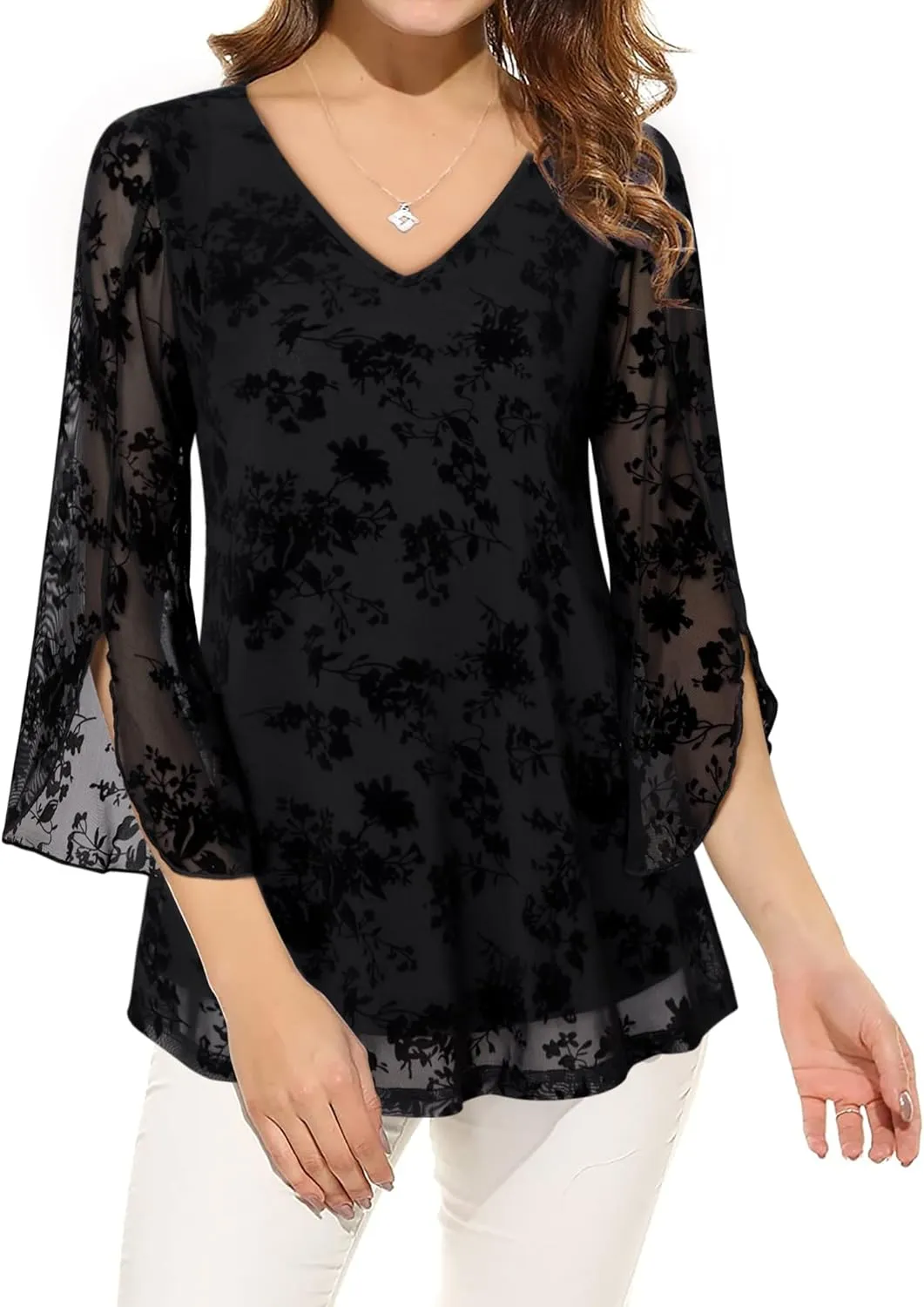 Bebonnie Womens Ruffle 3/4 Sleeve V Neck Double Layers Mesh Blouses Loose Fit Flowy Tunic Tops
