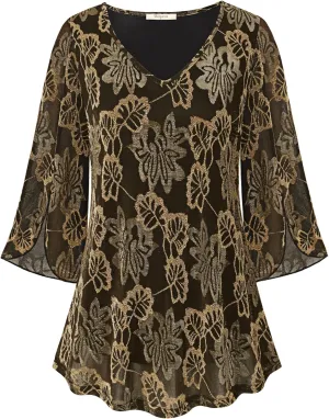 Bebonnie Womens Ruffle 3/4 Sleeve V Neck Double Layers Mesh Blouses Loose Fit Flowy Tunic Tops