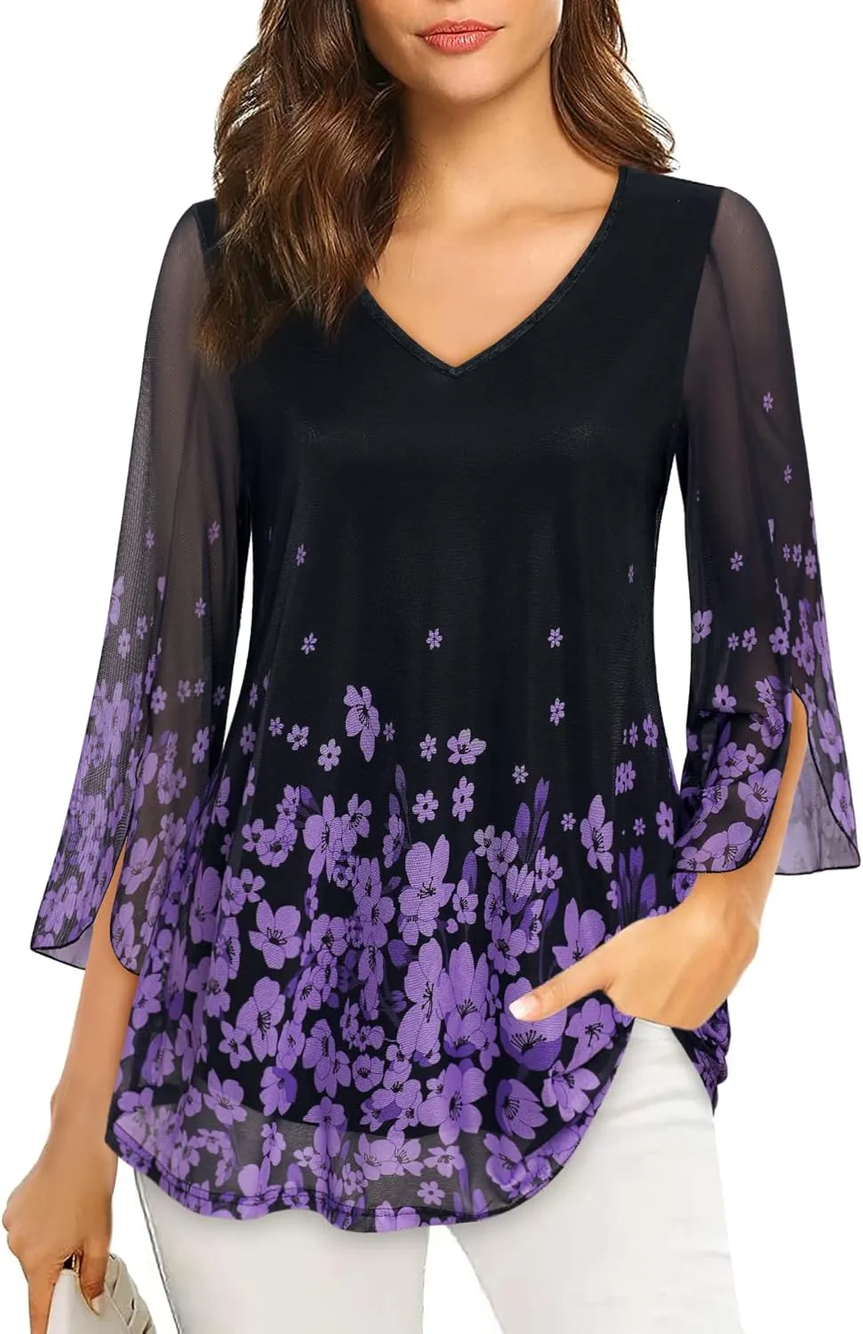 Bebonnie Womens Ruffle 3/4 Sleeve V Neck Double Layers Mesh Blouses Loose Fit Flowy Tunic Tops