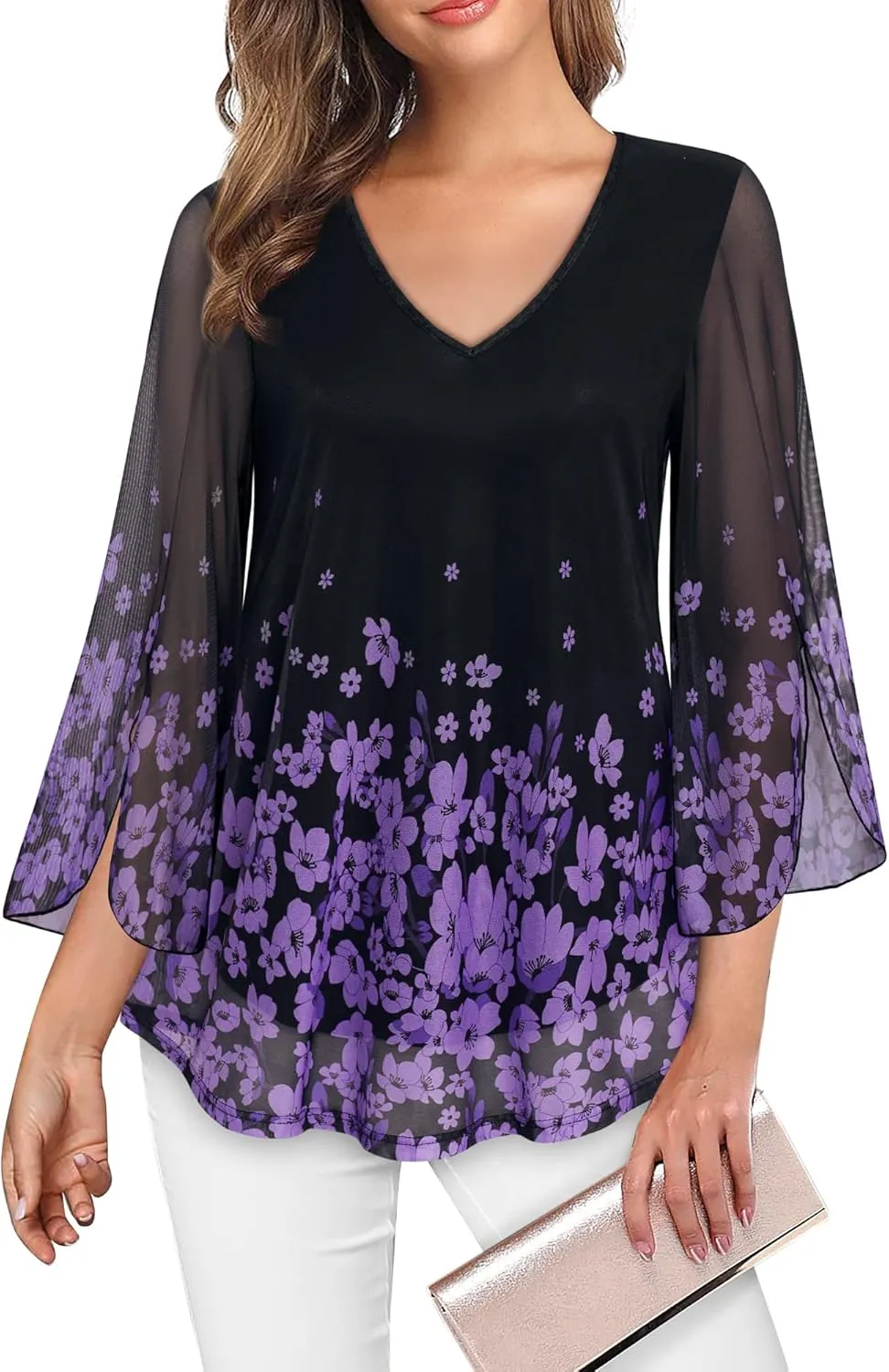 Bebonnie Womens Ruffle 3/4 Sleeve V Neck Double Layers Mesh Blouses Loose Fit Flowy Tunic Tops