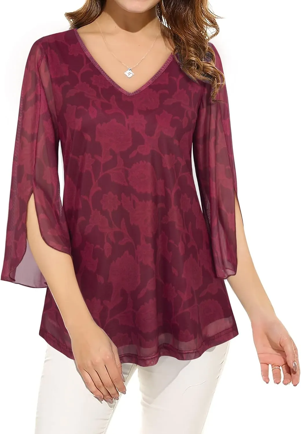 Bebonnie Womens Ruffle 3/4 Sleeve V Neck Double Layers Mesh Blouses Loose Fit Flowy Tunic Tops