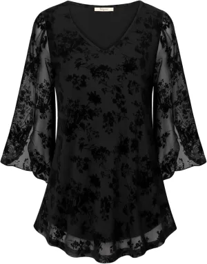 Bebonnie Womens Ruffle 3/4 Sleeve V Neck Double Layers Mesh Blouses Loose Fit Flowy Tunic Tops