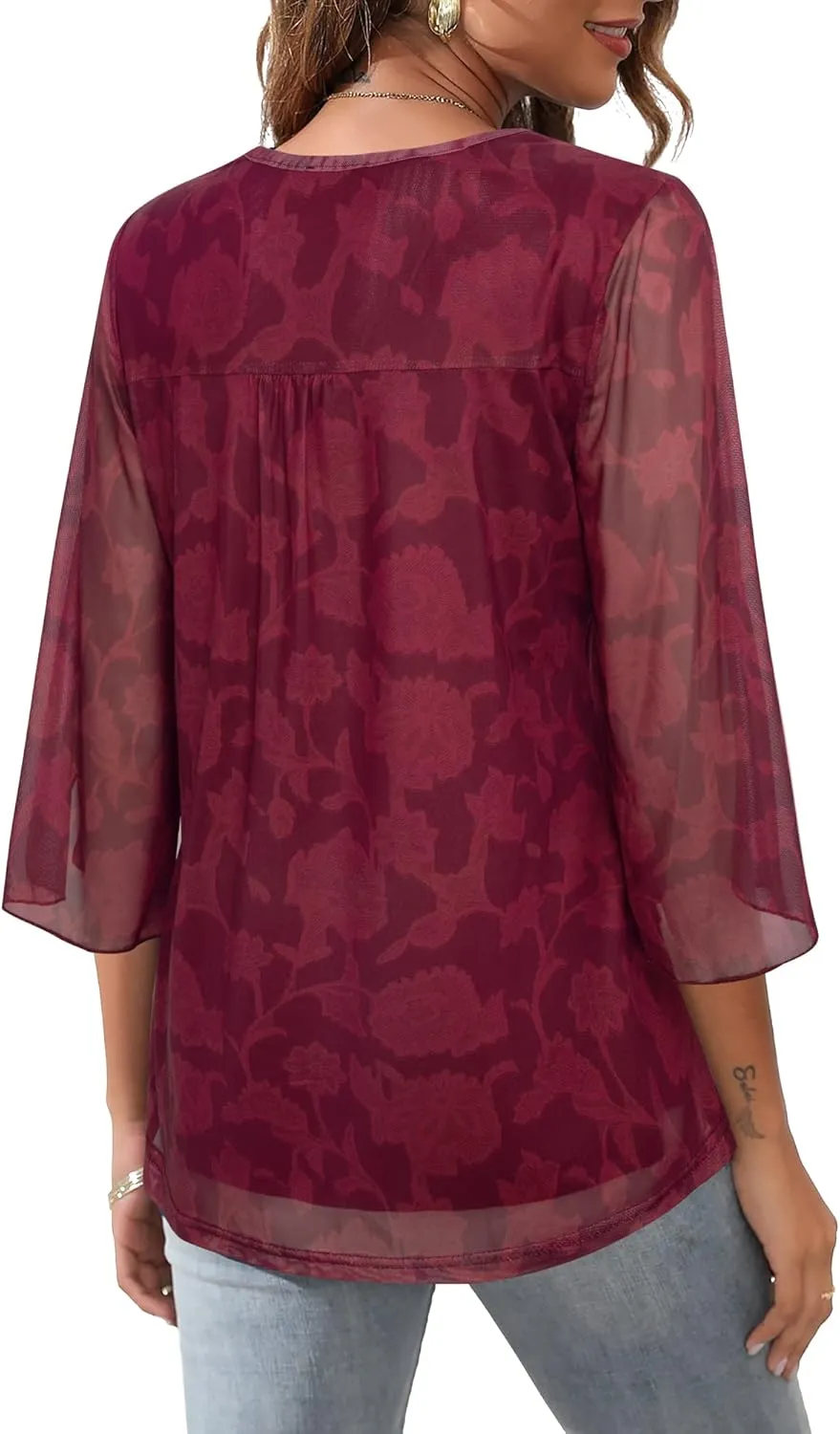 Bebonnie Womens Ruffle 3/4 Sleeve V Neck Double Layers Mesh Blouses Loose Fit Flowy Tunic Tops