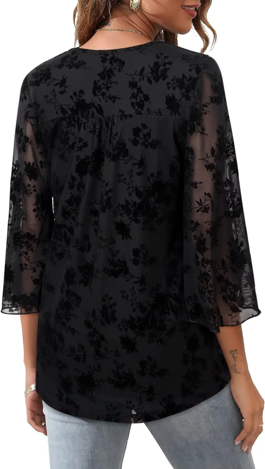 Bebonnie Womens Ruffle 3/4 Sleeve V Neck Double Layers Mesh Blouses Loose Fit Flowy Tunic Tops