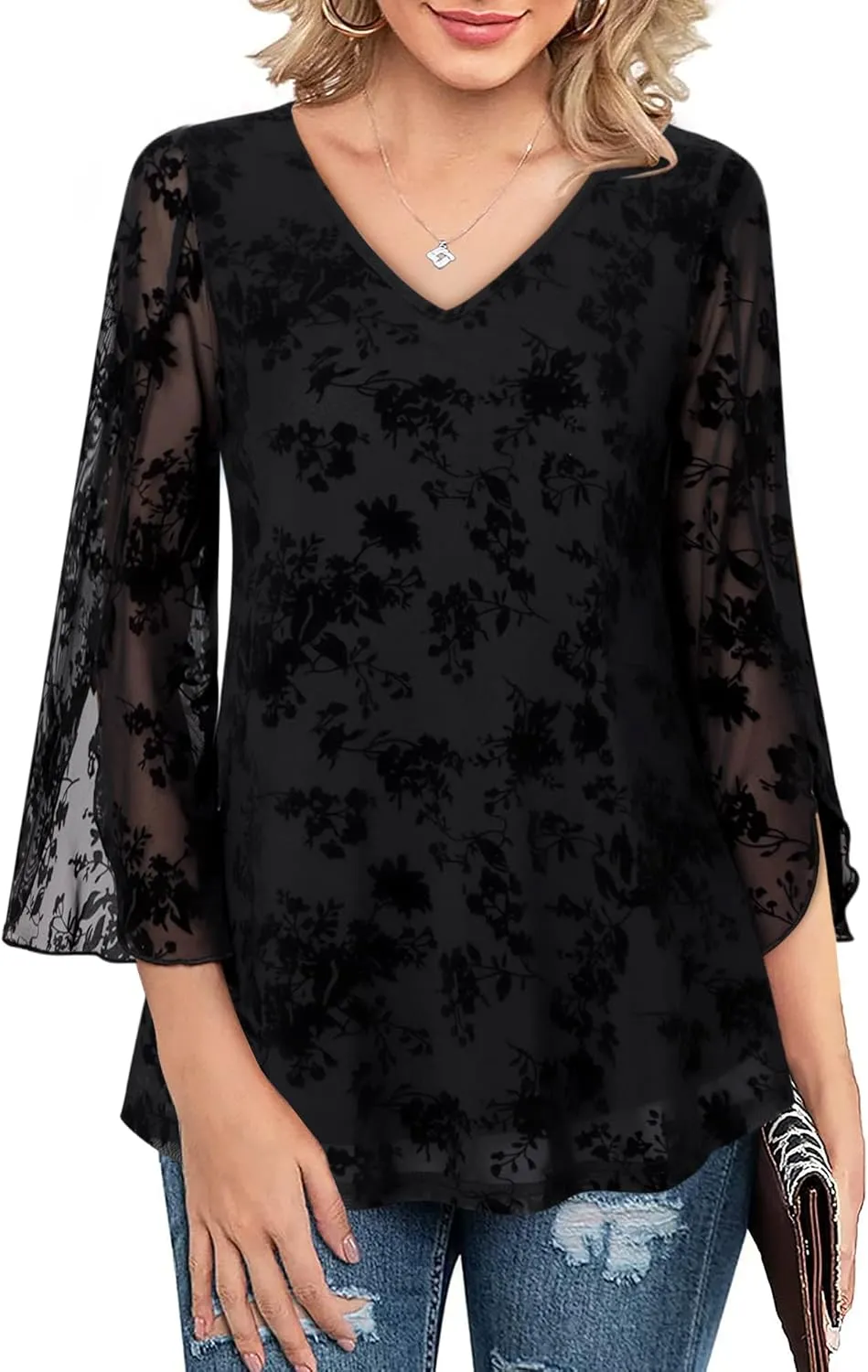 Bebonnie Womens Ruffle 3/4 Sleeve V Neck Double Layers Mesh Blouses Loose Fit Flowy Tunic Tops
