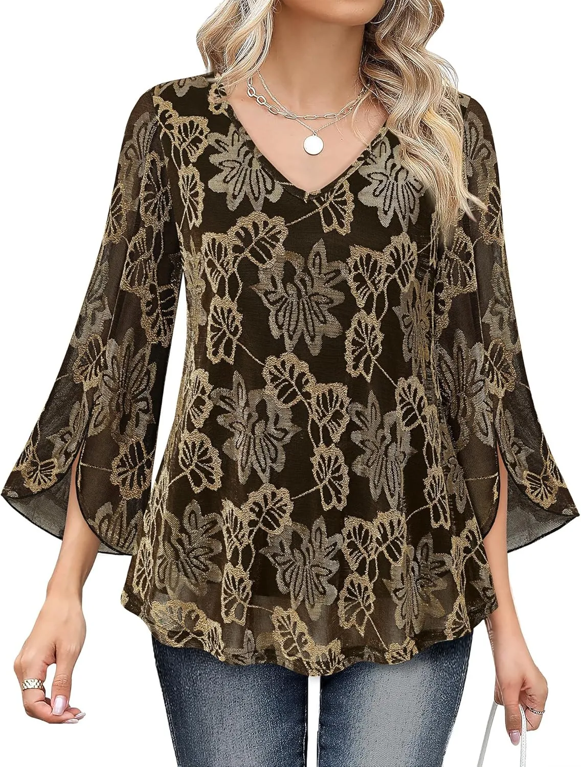 Bebonnie Womens Ruffle 3/4 Sleeve V Neck Double Layers Mesh Blouses Loose Fit Flowy Tunic Tops
