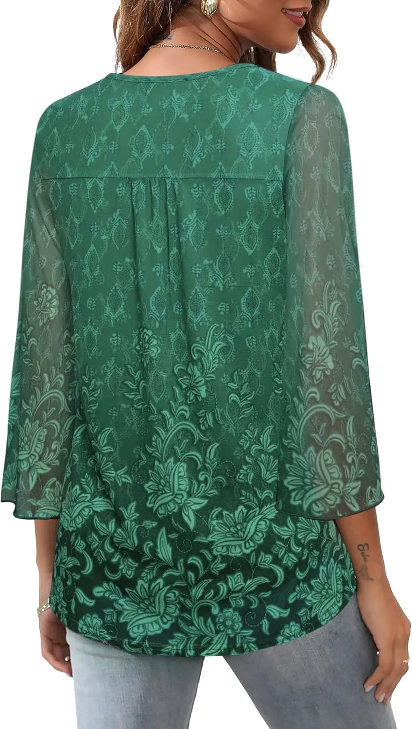 Bebonnie Womens Ruffle 3/4 Sleeve V Neck Double Layers Mesh Blouses Loose Fit Flowy Tunic Tops