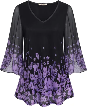 Bebonnie Womens Ruffle 3/4 Sleeve V Neck Double Layers Mesh Blouses Loose Fit Flowy Tunic Tops