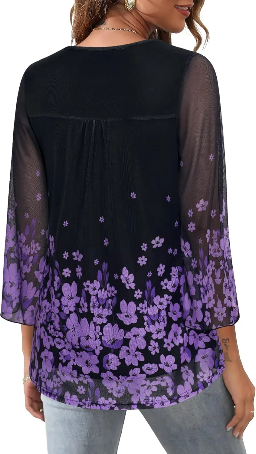 Bebonnie Womens Ruffle 3/4 Sleeve V Neck Double Layers Mesh Blouses Loose Fit Flowy Tunic Tops