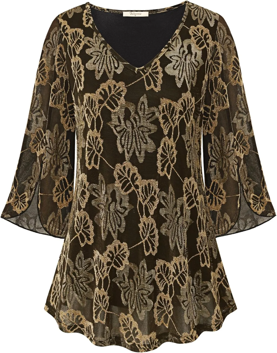 Bebonnie Womens Ruffle 3/4 Sleeve V Neck Double Layers Mesh Blouses Loose Fit Flowy Tunic Tops
