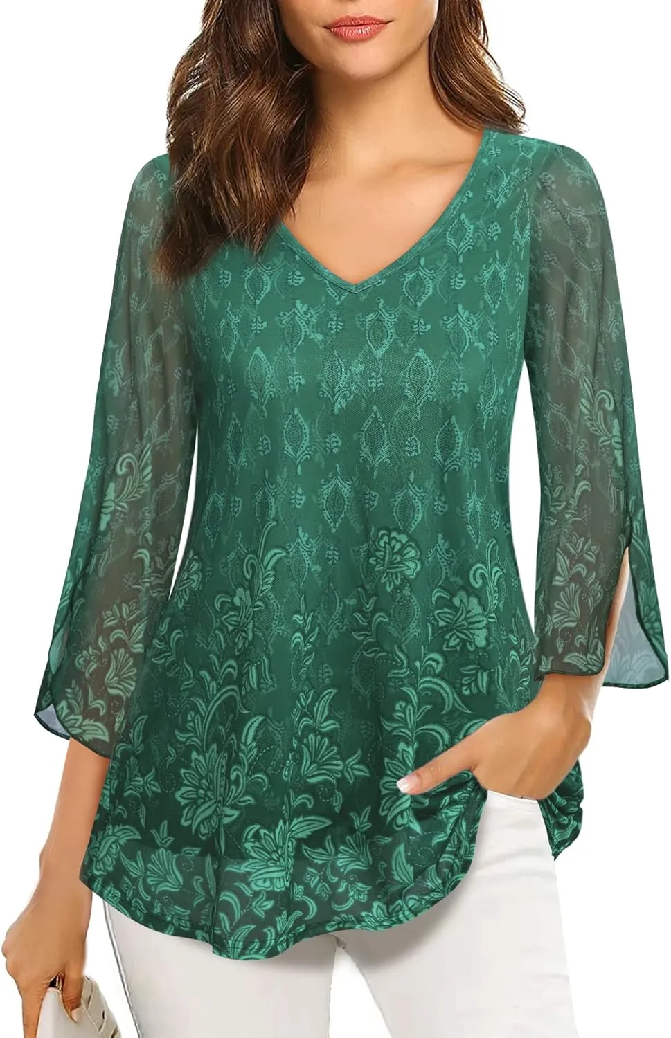 Bebonnie Womens Ruffle 3/4 Sleeve V Neck Double Layers Mesh Blouses Loose Fit Flowy Tunic Tops