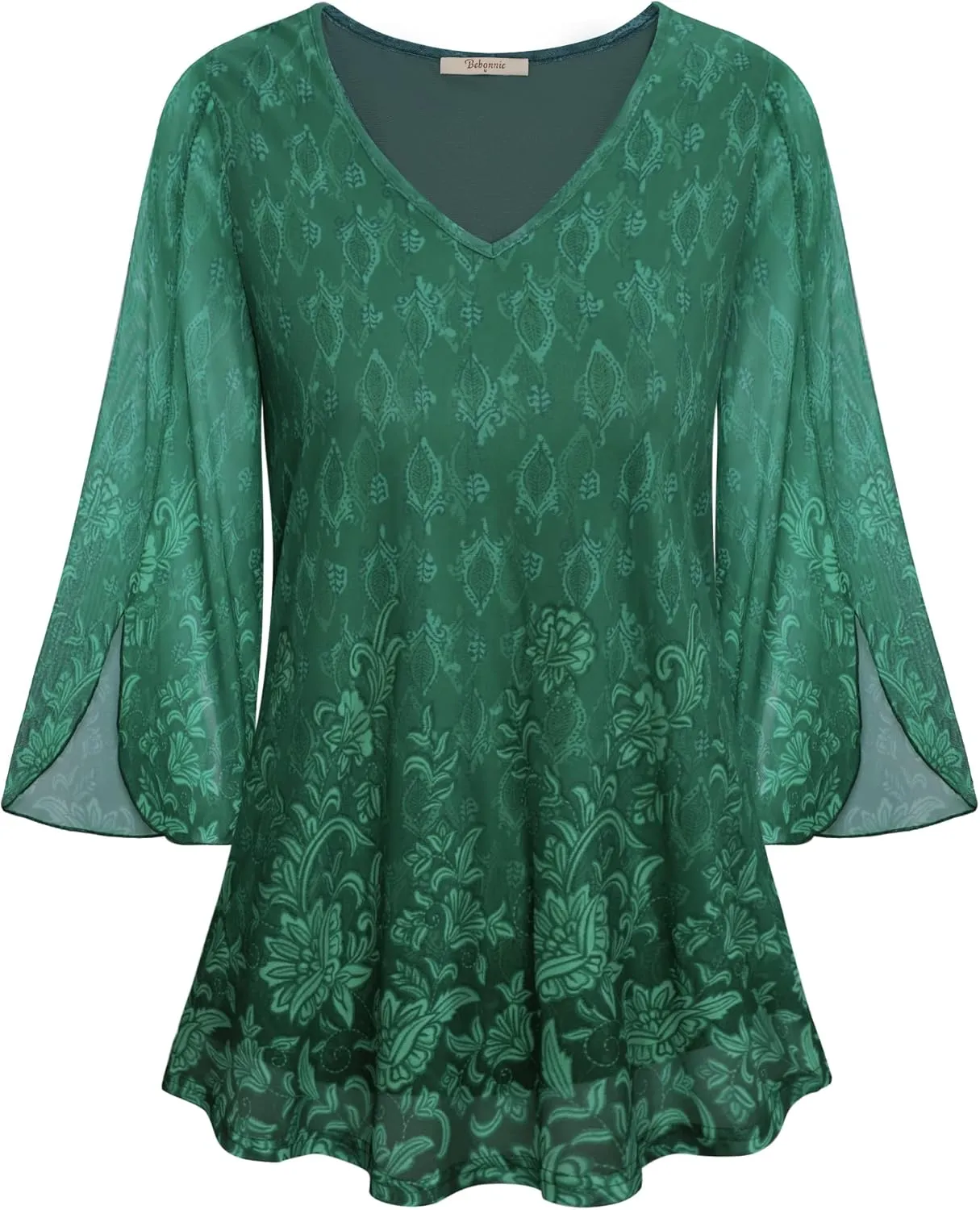 Bebonnie Womens Ruffle 3/4 Sleeve V Neck Double Layers Mesh Blouses Loose Fit Flowy Tunic Tops