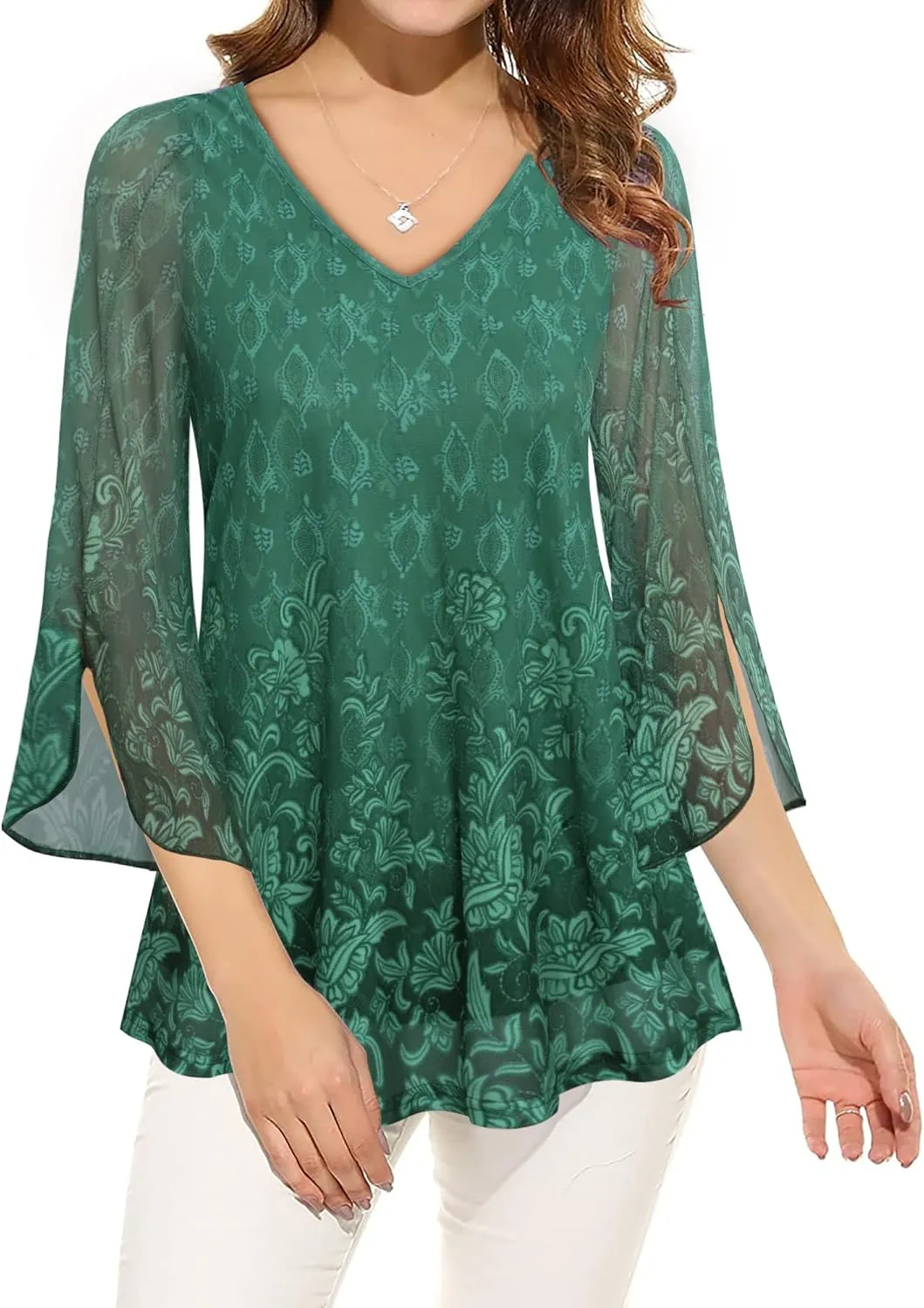Bebonnie Womens Ruffle 3/4 Sleeve V Neck Double Layers Mesh Blouses Loose Fit Flowy Tunic Tops