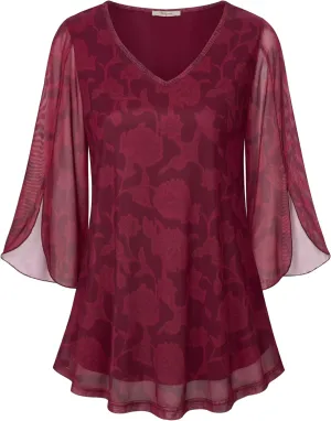 Bebonnie Womens Ruffle 3/4 Sleeve V Neck Double Layers Mesh Blouses Loose Fit Flowy Tunic Tops