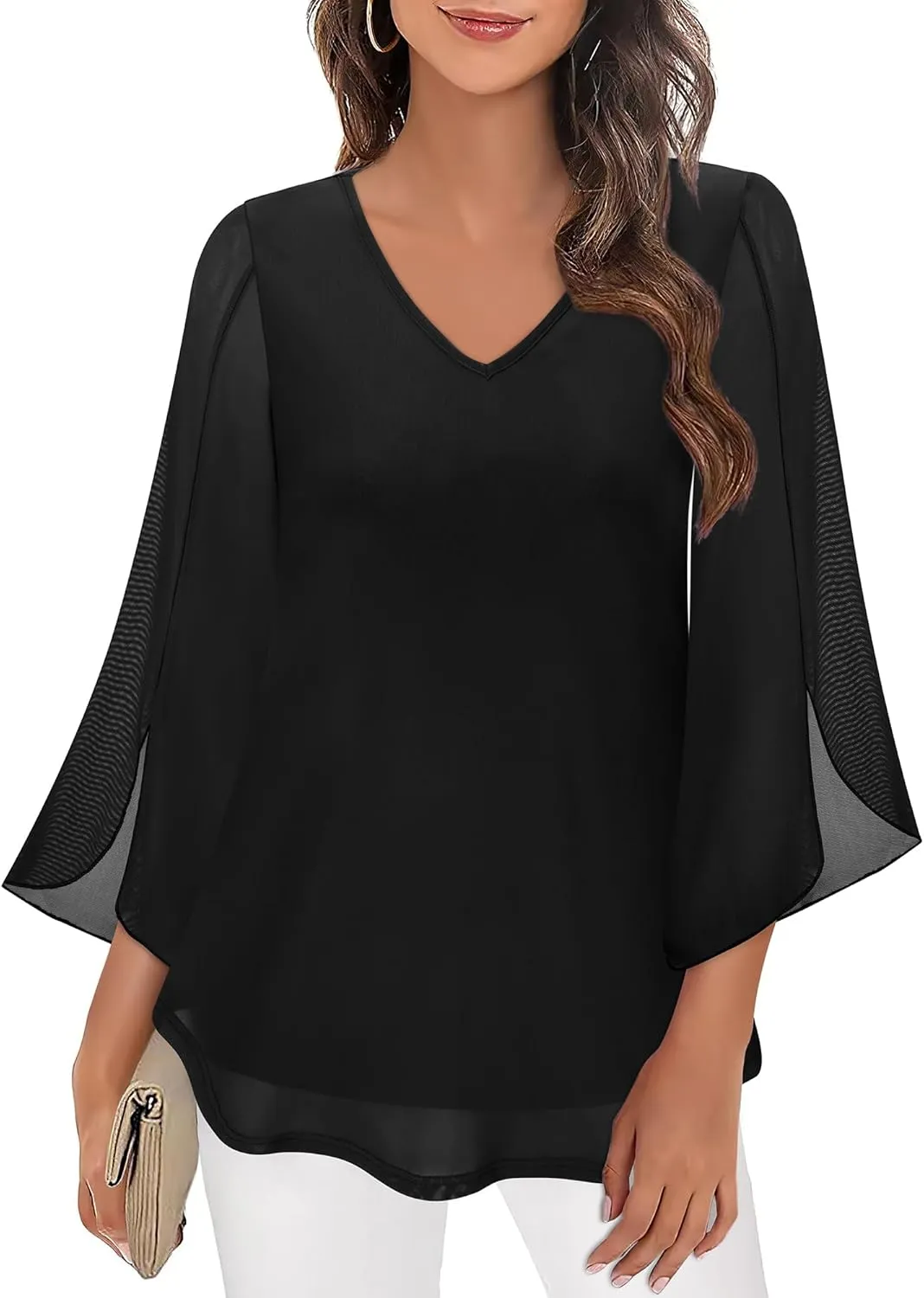 Bebonnie Womens Ruffle 3/4 Sleeve V Neck Double Layers Mesh Blouses Loose Fit Flowy Tunic Tops