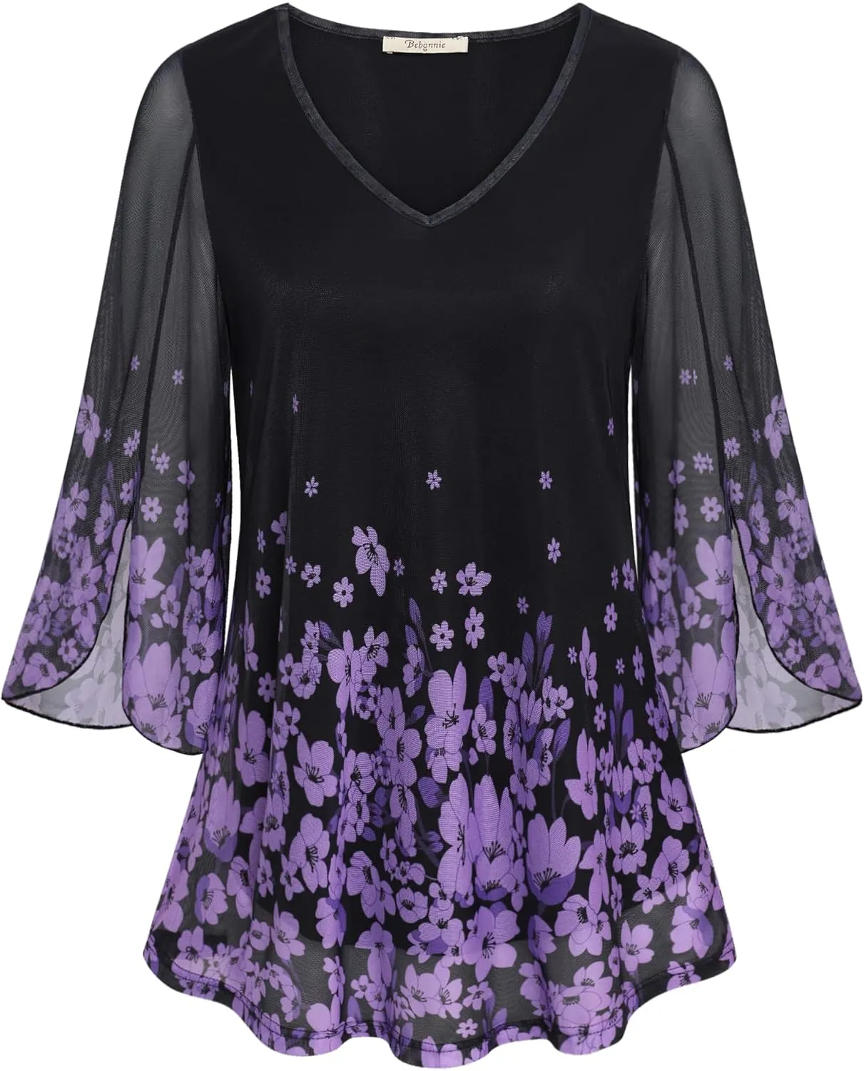 Bebonnie Womens Ruffle 3/4 Sleeve V Neck Double Layers Mesh Blouses Loose Fit Flowy Tunic Tops