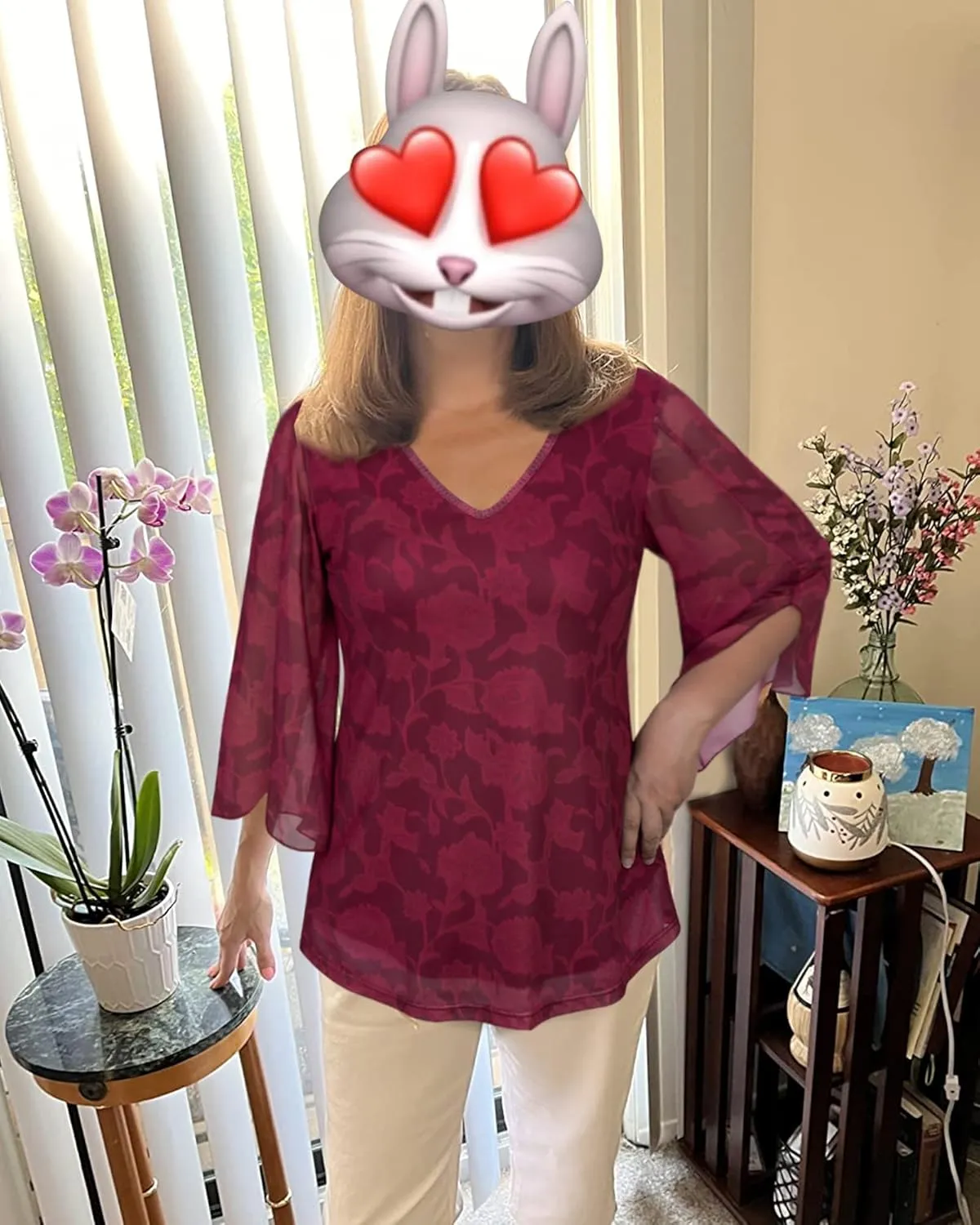 Bebonnie Womens Ruffle 3/4 Sleeve V Neck Double Layers Mesh Blouses Loose Fit Flowy Tunic Tops
