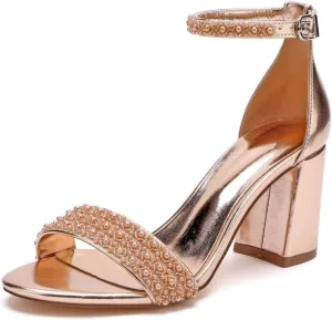 Block Heel Wedding Shoes for Bride Open Toe Pearl Bridal Shoes Wedding Heeled Sandals