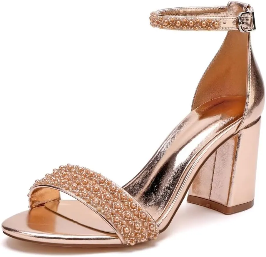 Block Heel Wedding Shoes for Bride Open Toe Pearl Bridal Shoes Wedding Heeled Sandals