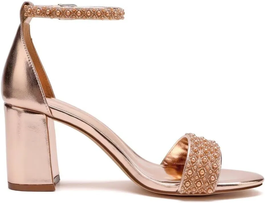 Block Heel Wedding Shoes for Bride Open Toe Pearl Bridal Shoes Wedding Heeled Sandals