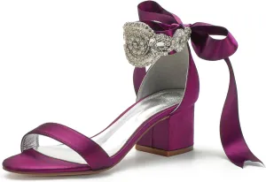 Block Heels Bride Wedding Pumps Bowknot Strap Bride Pumps Bridal Shoes Beaded Ankle Satin Sandals Open Toe Dress Evening Comfortable,Purple,11.5