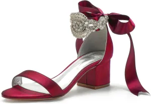Block Heels Bride Wedding Pumps Bowknot Strap Bride Pumps Bridal Shoes Beaded Ankle Satin Sandals Open Toe Dress Evening Comfortable,Wine red,11