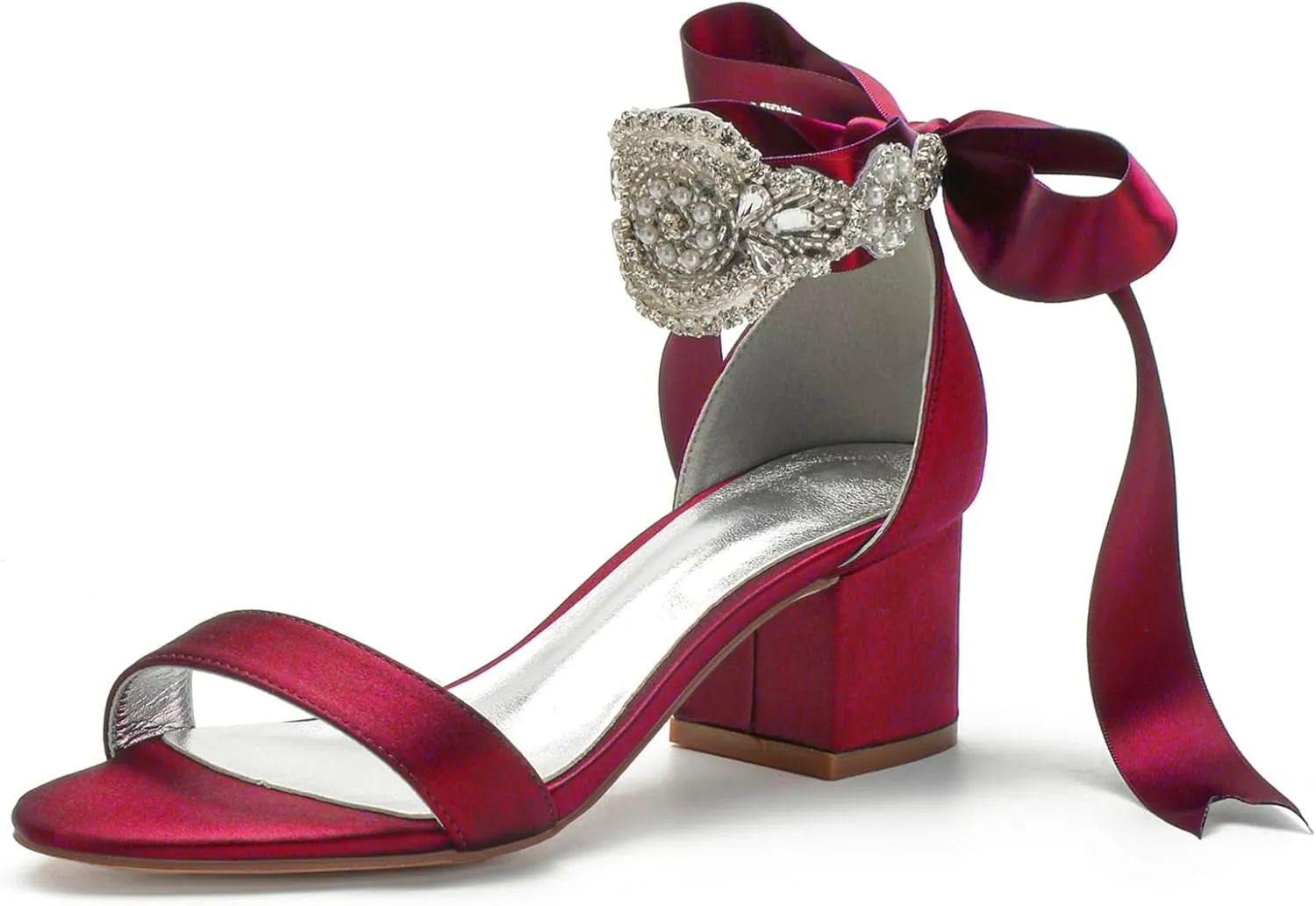 Block Heels Bride Wedding Pumps Bowknot Strap Bride Pumps Bridal Shoes Beaded Ankle Satin Sandals Open Toe Dress Evening Comfortable,Wine red,11