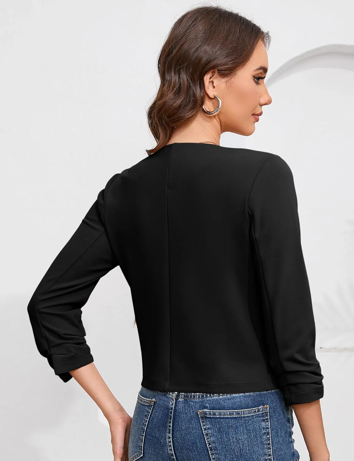 BLUEMING Women’s Open Front Crop Blazer 3/4 Ruched Sleeve Slim Fit Solid Jacket Lightweight Cardigan