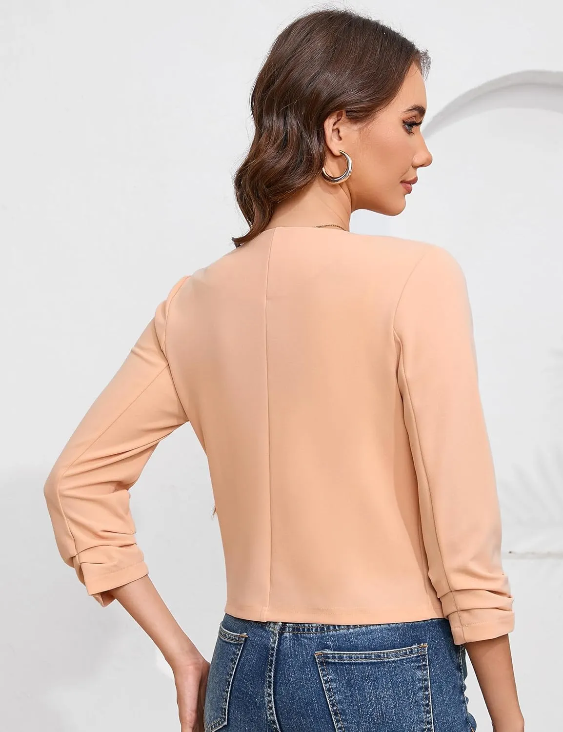 BLUEMING Women’s Open Front Crop Blazer 3/4 Ruched Sleeve Slim Fit Solid Jacket Lightweight Cardigan